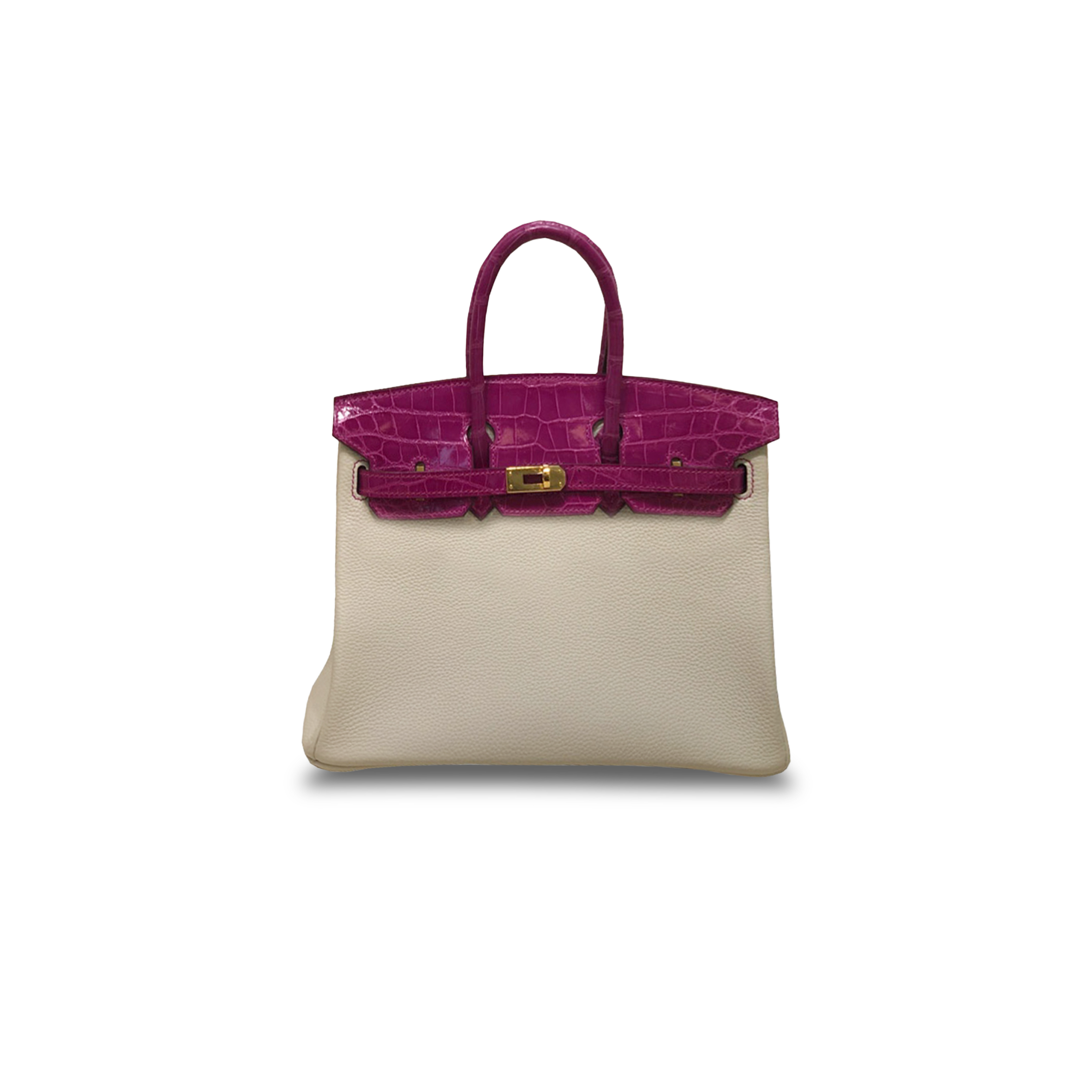 HERMÈS MASTER BIRKIN 25 CROCODILE AND TOGO LEATHER PURE WHITE AND PURPLE WITH GOLD BUCKLE H076216CK47 (25*20*13cm)